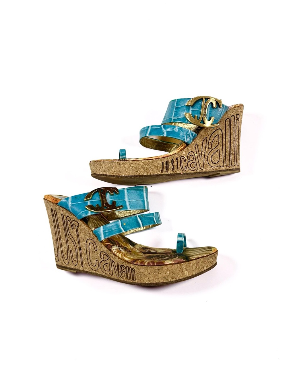 Just Cavalli Blue Croc Cork Wedge Sandals Gold JC Logo Seashell Print Y2K - Picture 2 of 3